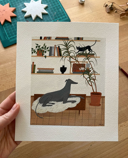 "Greyhound and Cornish Rex" original painting