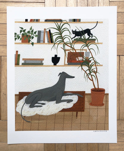 "Greyhound and Cornish Rex" print