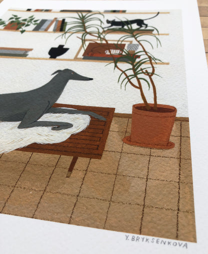 "Greyhound and Cornish Rex" print