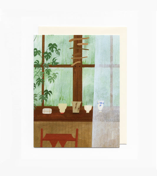 "Rainy Window with Pottery" greeting card
